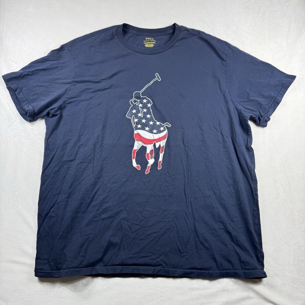 Polo Ralph Lauren T-Shirt Men's 2XB Big Pony Graphic Logo USA Flag Double Sided